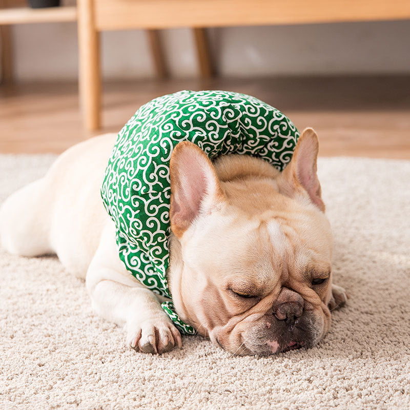 グリーンの唐草模様クッションスヌードで休む犬