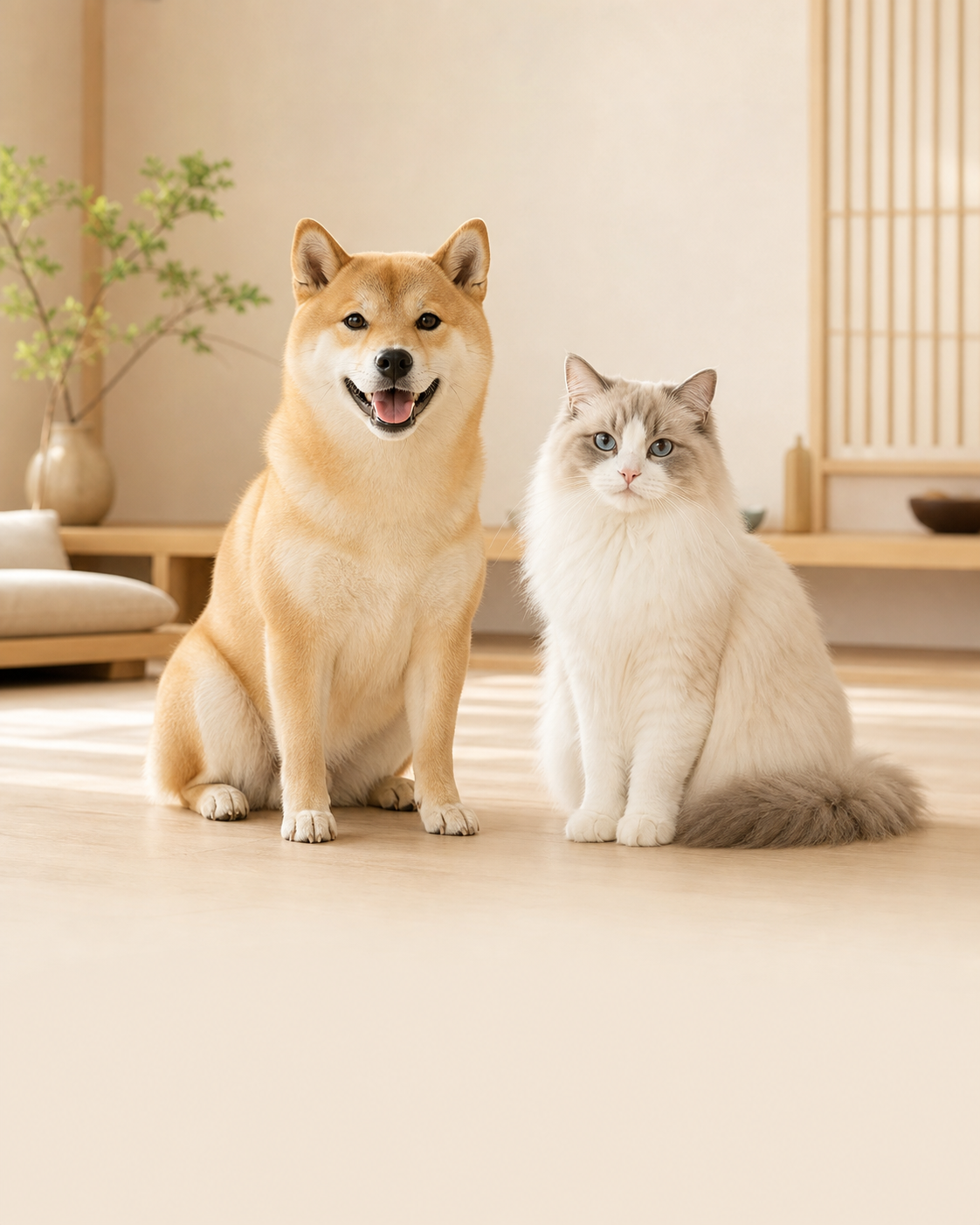 柴犬とラグドール猫が並ぶ、ONECAT ONEDOGのスマートフォン用メインビジュアル