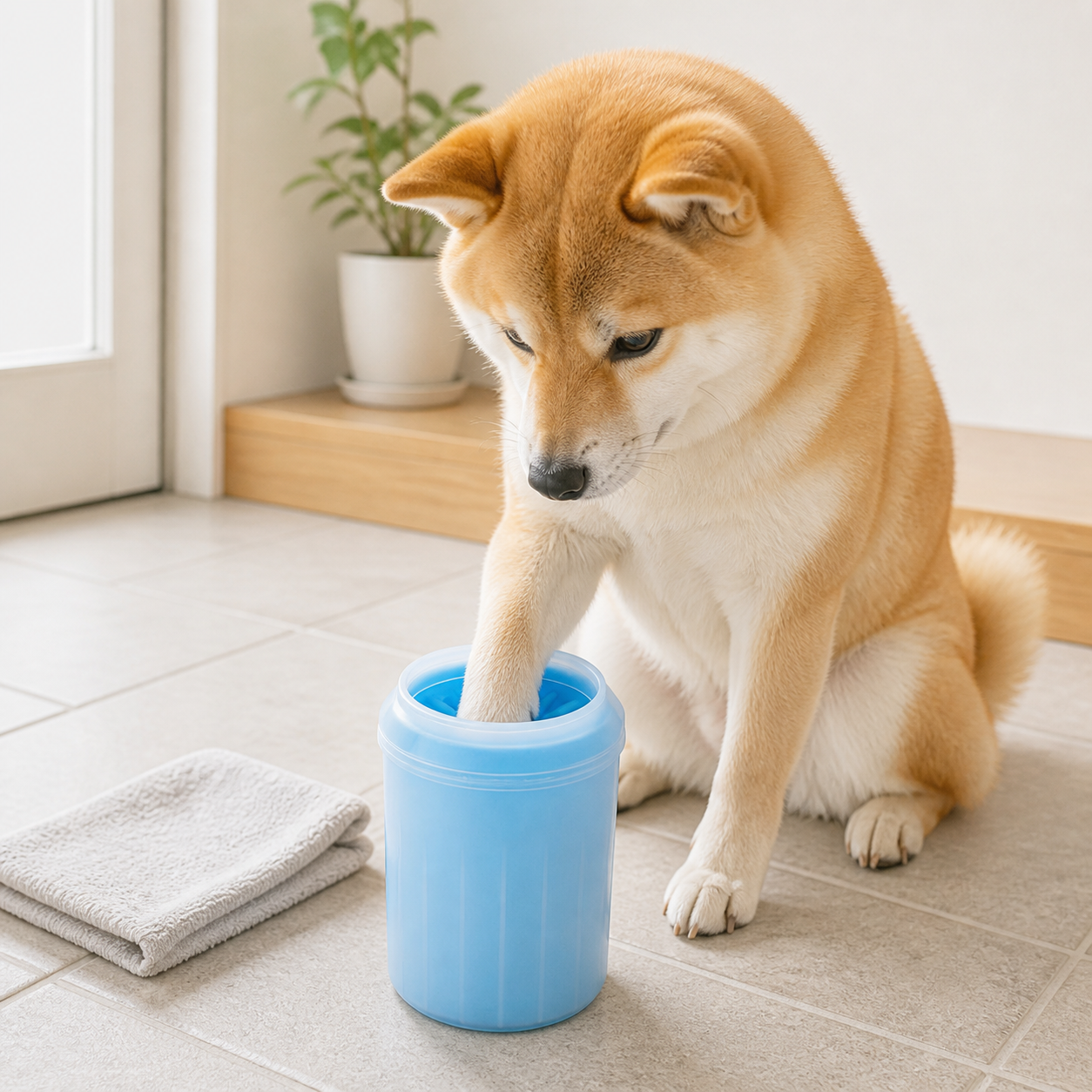 柴犬が足洗いカップを使用している様子